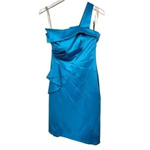 Vintage Karen Millen England Tiered Pleated One Shoulder Mini Dress in Turquoise